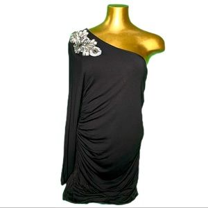 Mini Dress Top Silver Sequined Appliqué One Shoulder Womens Medium